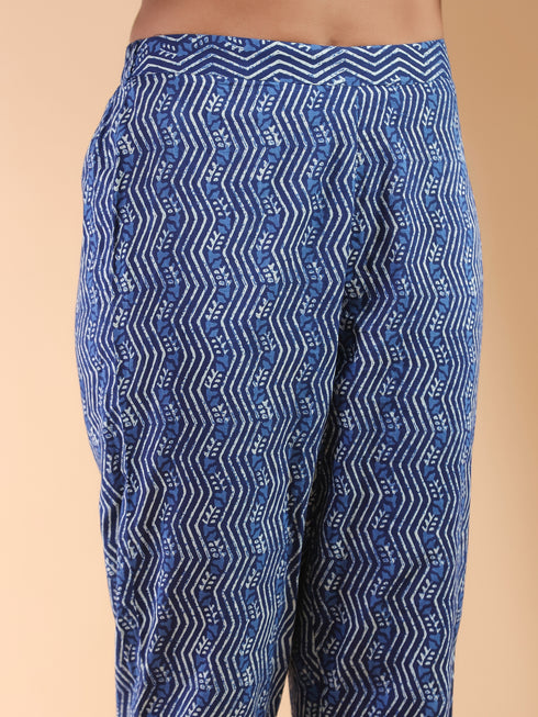 Indigo Pure Cotton Floral Printed A-line Kurta Set